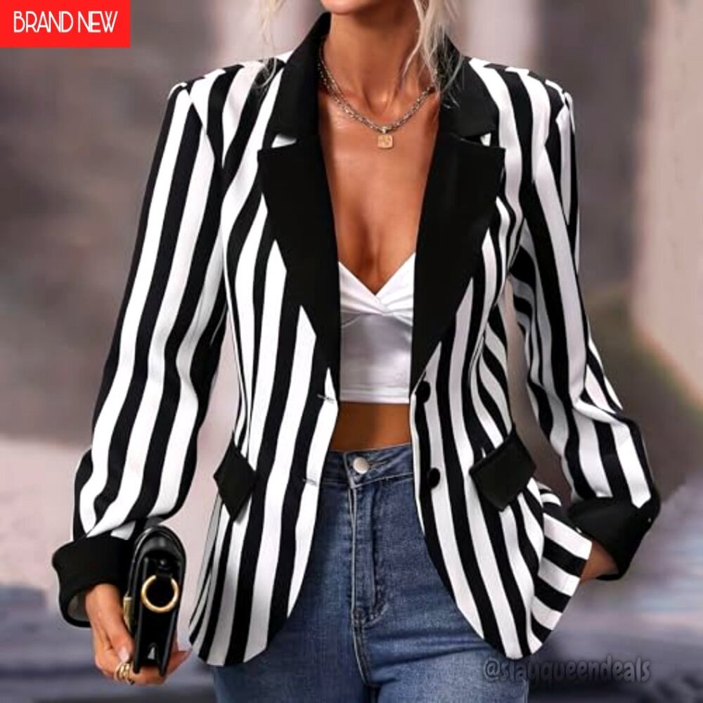 Striped Blazer Suit Long Sleeve Open Front Cardigan Halloween Cosplay Outfit - Picture 3 of 8